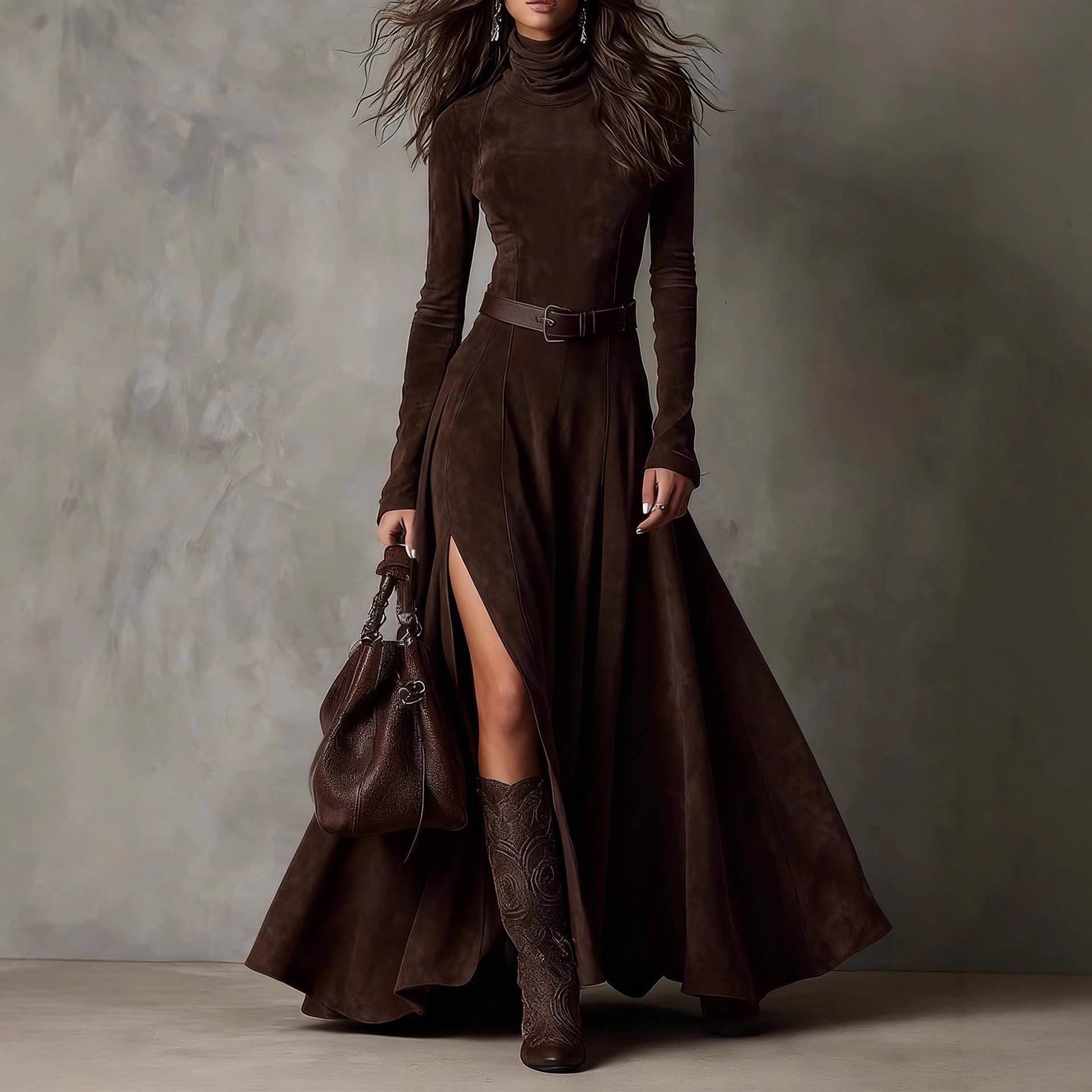 Cross-border Amazon 2025 Fall/Winter European and American Fashion Elegant Long Dress + Belt
