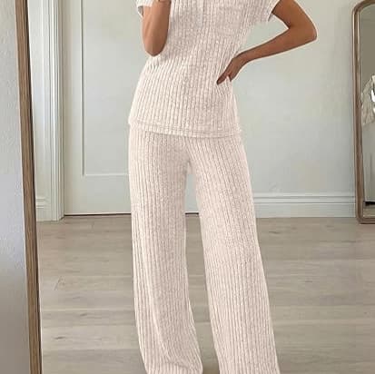 European and American Women's Waffle Two-Piece Set V-Neck Short Sleeve Wide-Leg Pants Solid Casual Set Skin-Friendly Breathable