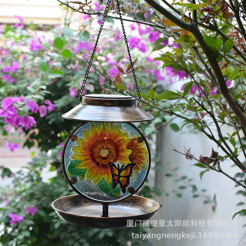 Outdoor Solar Glass Bird Feeder Yard Garden Landscape Villa Decoration Hanging Wrought Iron Solar Light