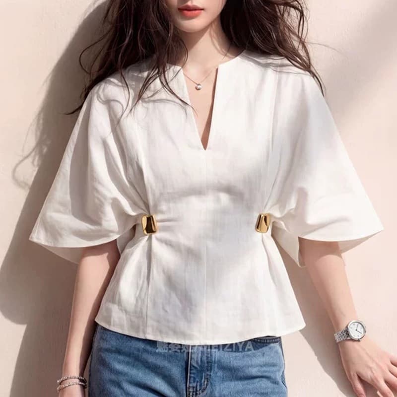 2026 New Korean Style Summer White Five-quarter Sleeve Waist Shirt Women's Light Luxurious and Western Style Versatile Top