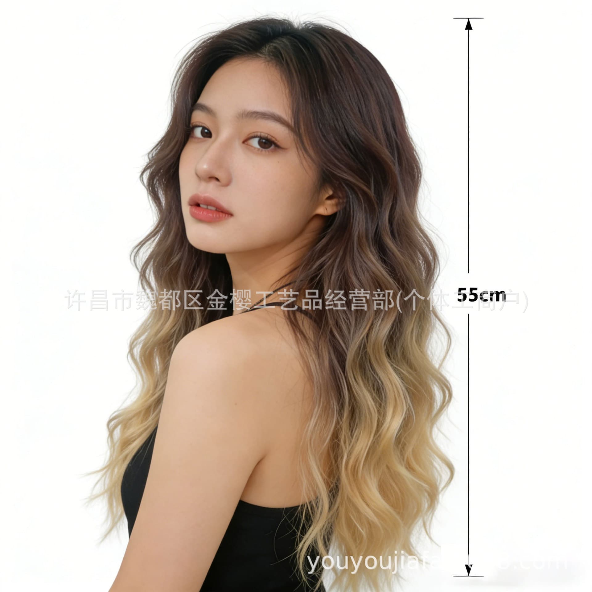 Asian Gold Gradient Wig for Women, One-Piece Water Wave Long Curly Hair, Fluffy Natural Seamless Hair Extension
