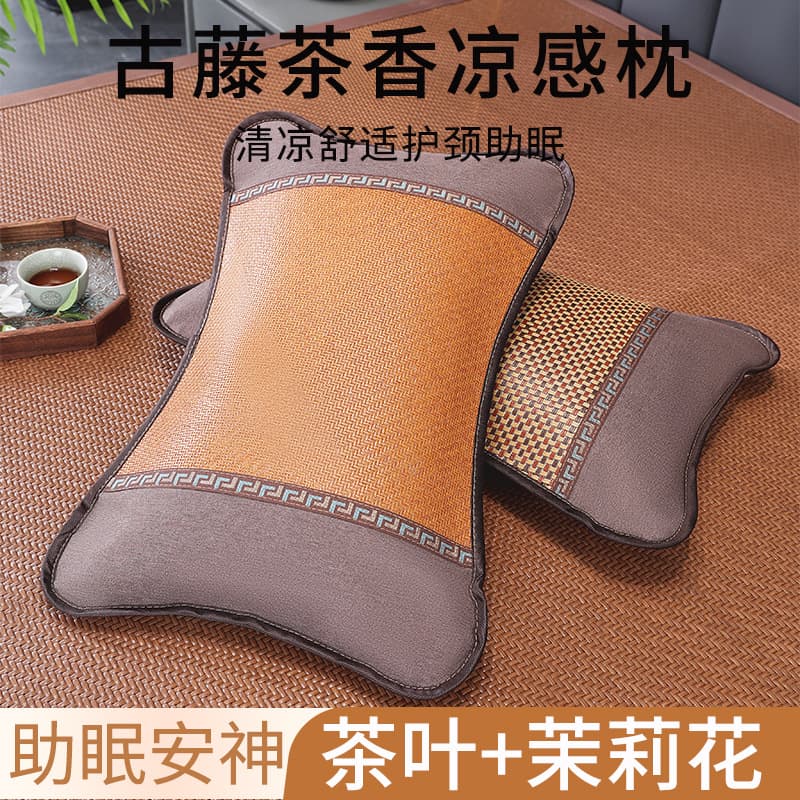 Summer bamboo cool pillow for cervical care with tea fragrance sleep aid, summer adult single rattan pillow for student dorms