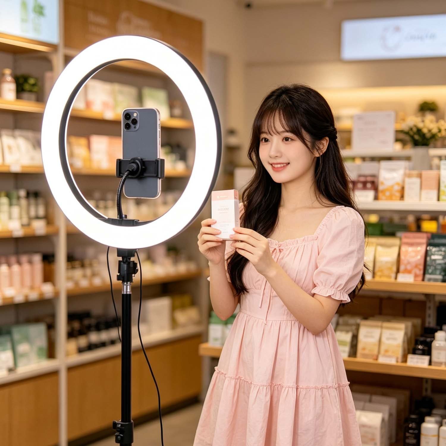 Dimmable Three-Color Temperature Ring Light with Phone Live Streaming Tripod Stand for Product Photography, Portrait, and Soft Lighting