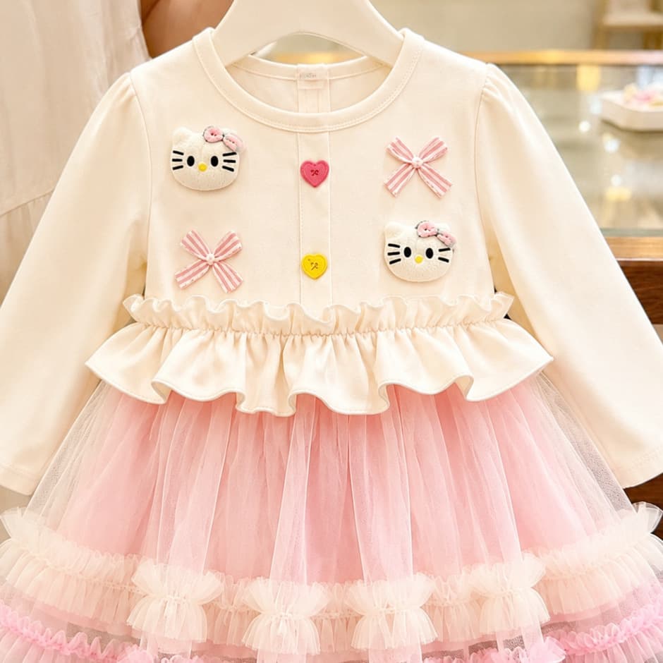 Girls Autumn Birthday Dress Skirt Children's Cartoon Long Sleeve Mesh Skirt Baby Girl Sweet Puffy Cake Skirt