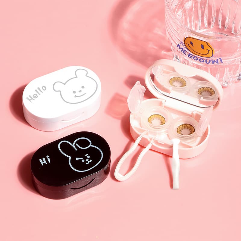 Creative cartoon tape, mirror tweezers, contact lens case, embossed logo companion box, dual storage colored contact lens case
