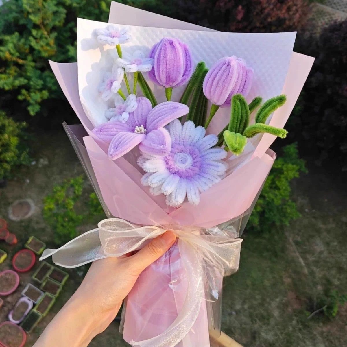 Chenille Stem Handmade Flower Bouquet Finished Rose Tulip Artificial Flowers Birthday Gift Teacher's Day Women's Day Decoration