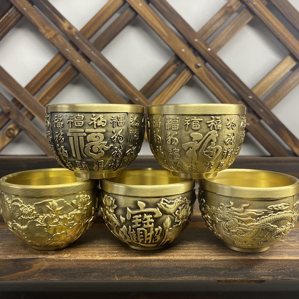 Pure Copper Household Water Offering Cup, Brass Hundred Blessings Wine Cup for Wealth God Worship