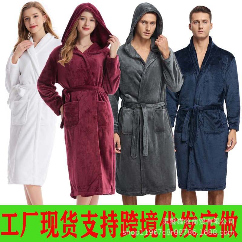 Coral Fleece Robe Men Women Autumn Winter Plush Sleepwear Home Clothes Comfortable Leisure Luxury Collar Polyester Fiber