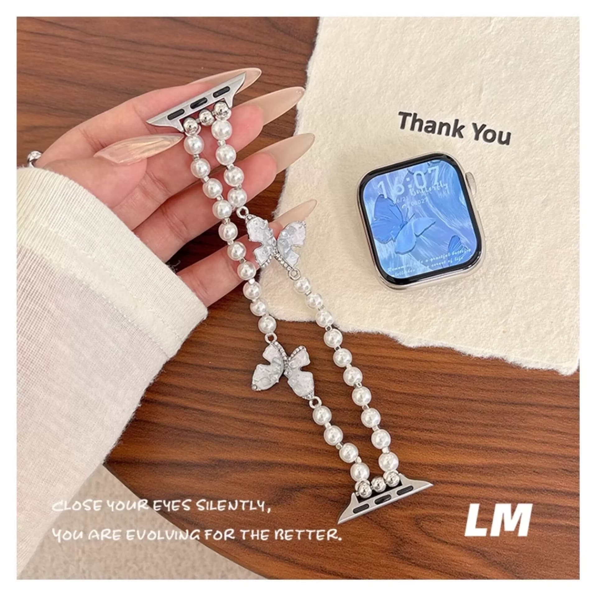 Double-Row Pearl Bowknot iWatch Strap Suitable for Apple Watch S10 S9 Metal Chain Elastic Style with a High-End Feel
