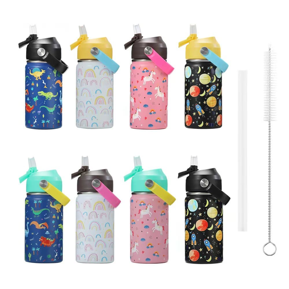 Amazon's new stainless steel thermos cup with straw, portable handle, space bottle, cute cartoon, drop-resistant