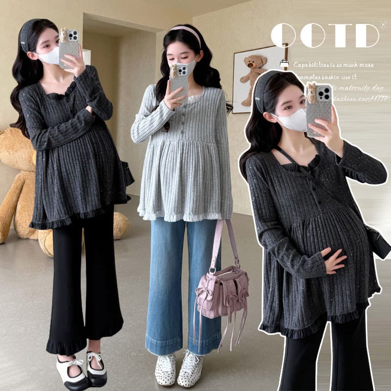 Shipped Autumn New Knitted Sequin Exquisite Fashion Korean Style Maternity Belly-Covering Slimming Stretch Knit Doll Shirt