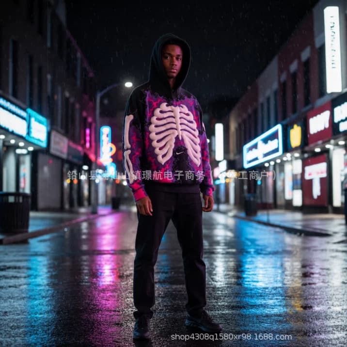 Y2K Dark Style 3D Printed 3D Bone Hoodie Purple Pink Lightning American Retro High Street Couple Hoodie
