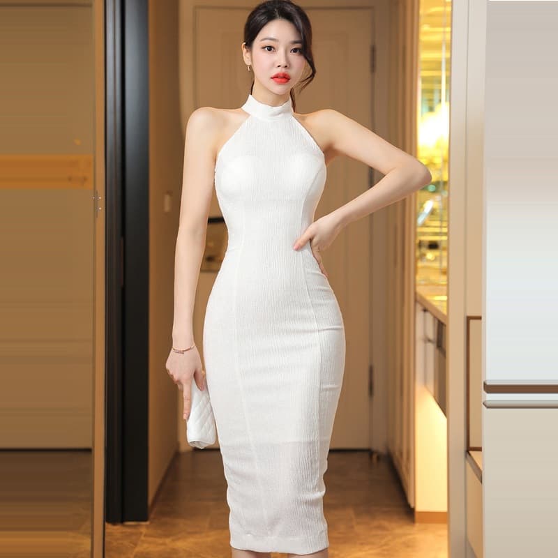 Summer new Korean style temperament halterneck slim mid-length waist-hugging hip fashion dress for women white