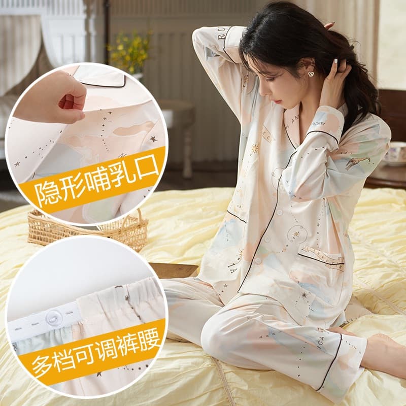 Spring and Summer Pure Cotton Maternity Pajamas Long-Sleeve Nursing Postpartum Full Cotton Maternity Nursing Clothes Home Wear Set