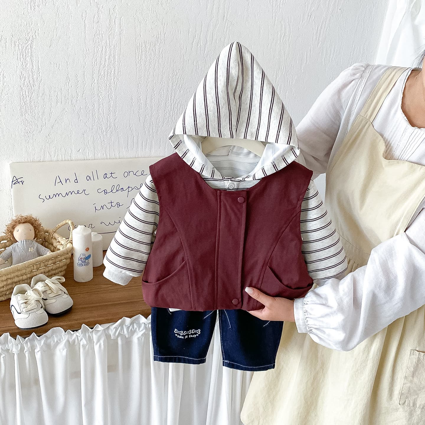 Dianxi Infant Striped Hooded Top Simple Vest Baby Boy Autumn New Embroidered Jeans Three-Piece Set