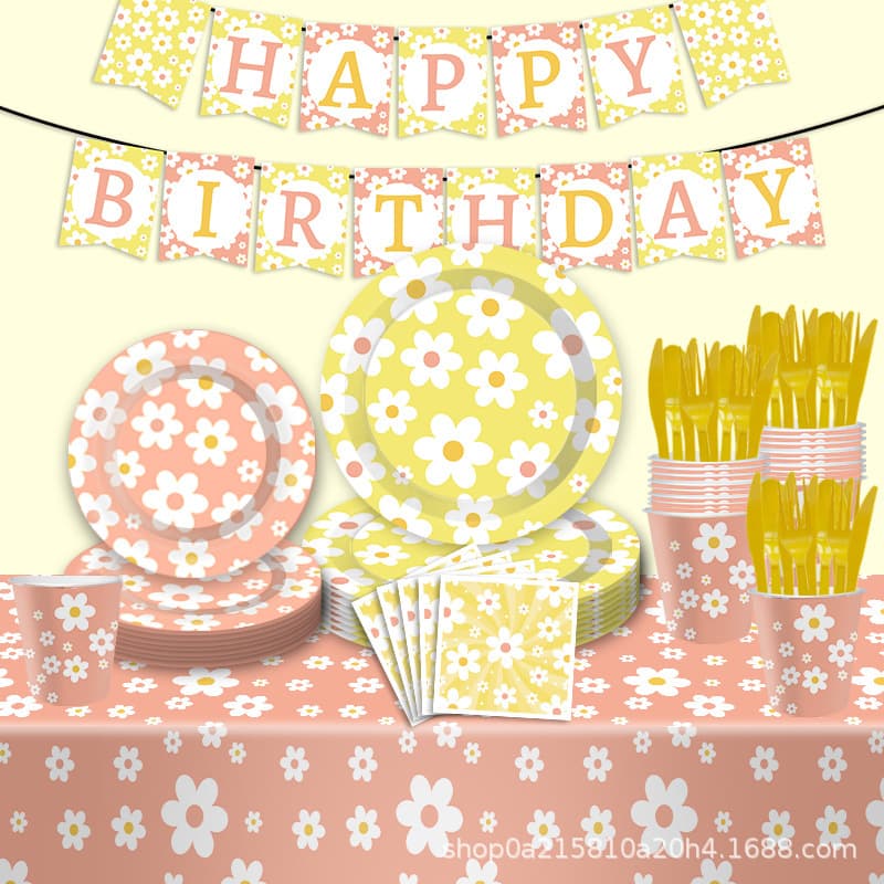 New Daisy Theme Birthday Party Tableware Disposable Paper Plate Paper Cup Tissue Children's Birthday Party Decoration
