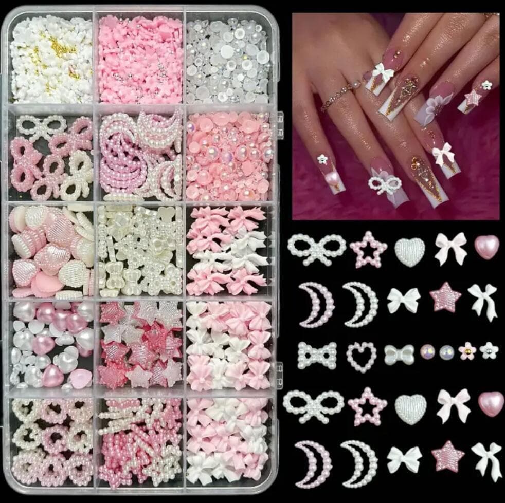 15 Grid Resin Nail Art Bow Pink White Nail Decor Resin Bow Nail Accessories