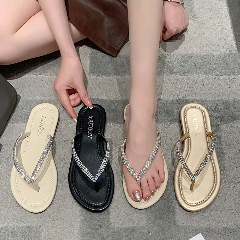 Women's Summer Outdoor Sandals Flat Bottom Thong Slippers Beachside Crystal Embellished Leisure Style Polyurethane Upgraded Hot