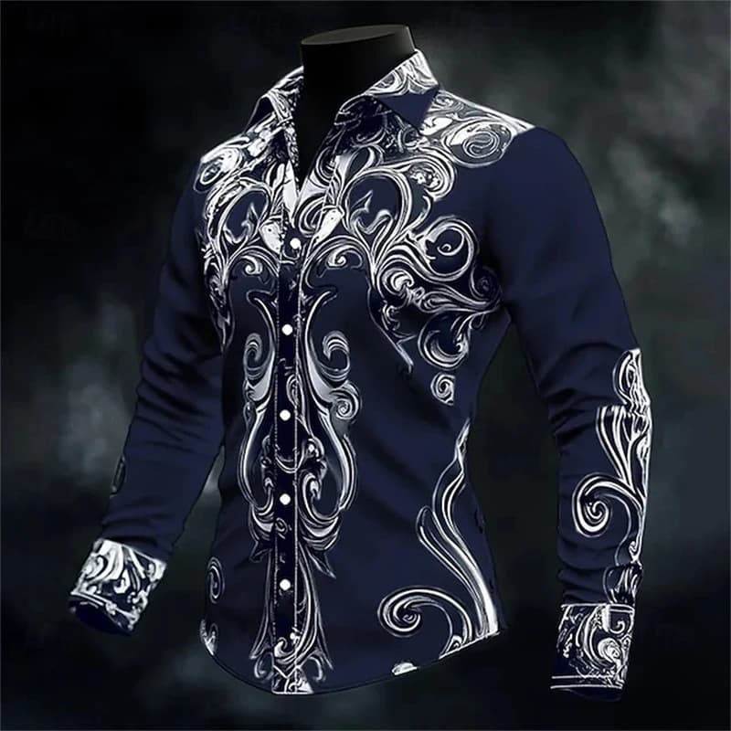Exquisite Retro 3D Print Collar Shirt Men's Slim Fit Long Sleeve Formal Button-Down Shirt Casual Men's Wear