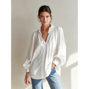 New European and American Women's V-Neck Ruffle Hem Solid Long Sleeve Versatile Blouse