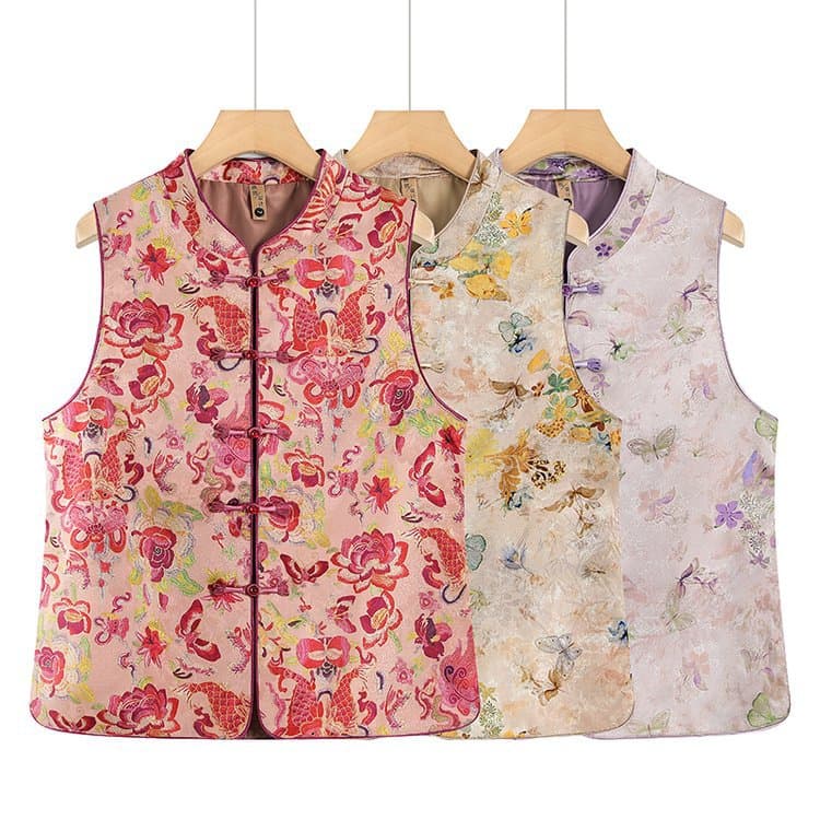 Plus Size Vest for Middle-Aged and Elderly Women, Spring and Autumn New Arrival, Chinese-Style Stand Collar with Frog Button Design, Floral Pattern, Warm Inner Layer Vest