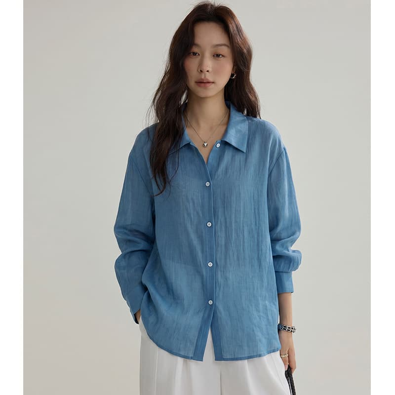 [UO Order] Korean Style Blue Blouse for Women Summer Thin Loose-Fit Long Sleeve Shirt Relaxed Feel Sun Protection Jacket Trendy