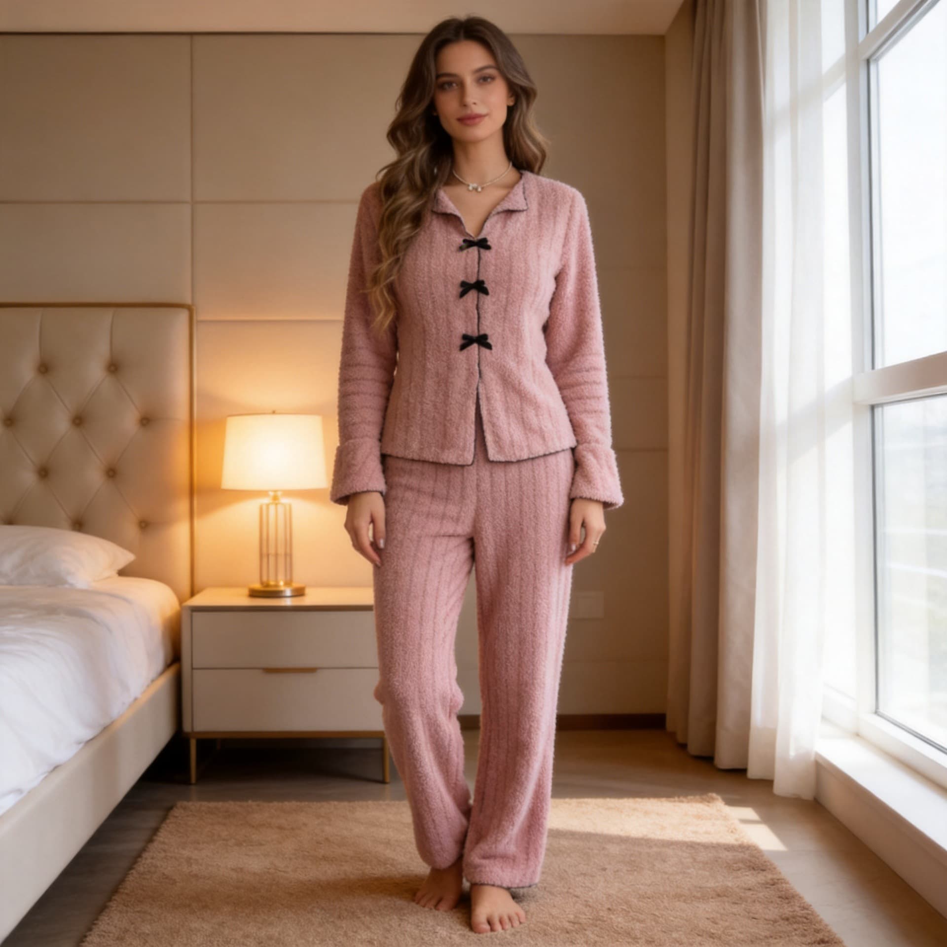 Cross-border Europe and America Autumn/Winter Pajamas for Women, Fleece Turn-down Collar Bowknot Fashionable Sexy Long Sleeve Long Pants Homewear Set for Women