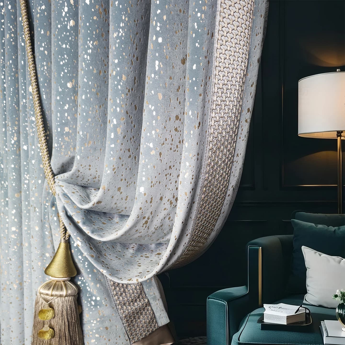 Modern Gray-Blue Velvet Light Luxury High-End Curtains for Bedroom, Full Blackout, Villa Living Room, High-End and Luxurious Feel