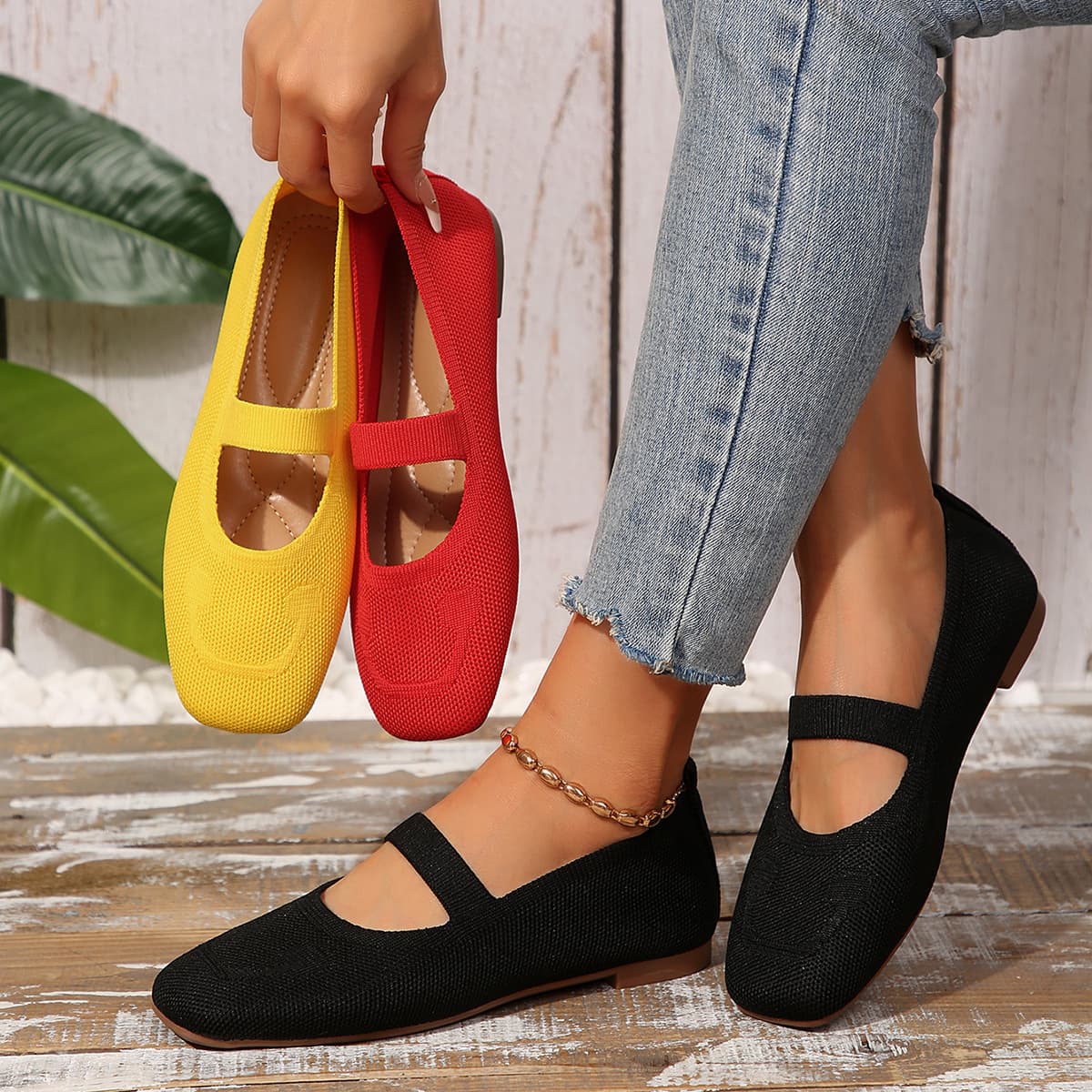 Women's Cross-Border Large Size Loafers 2025 Spring Casual Convenient Square-Toe Comfortable Flat Fly-Knit Single Shoes Wholesale