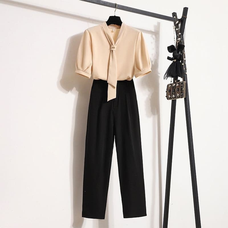 Professional Women's Summer Office Suit, Teaching Qualification Interview Outfit, Matching Suit Pants and Short Sleeve Shirt