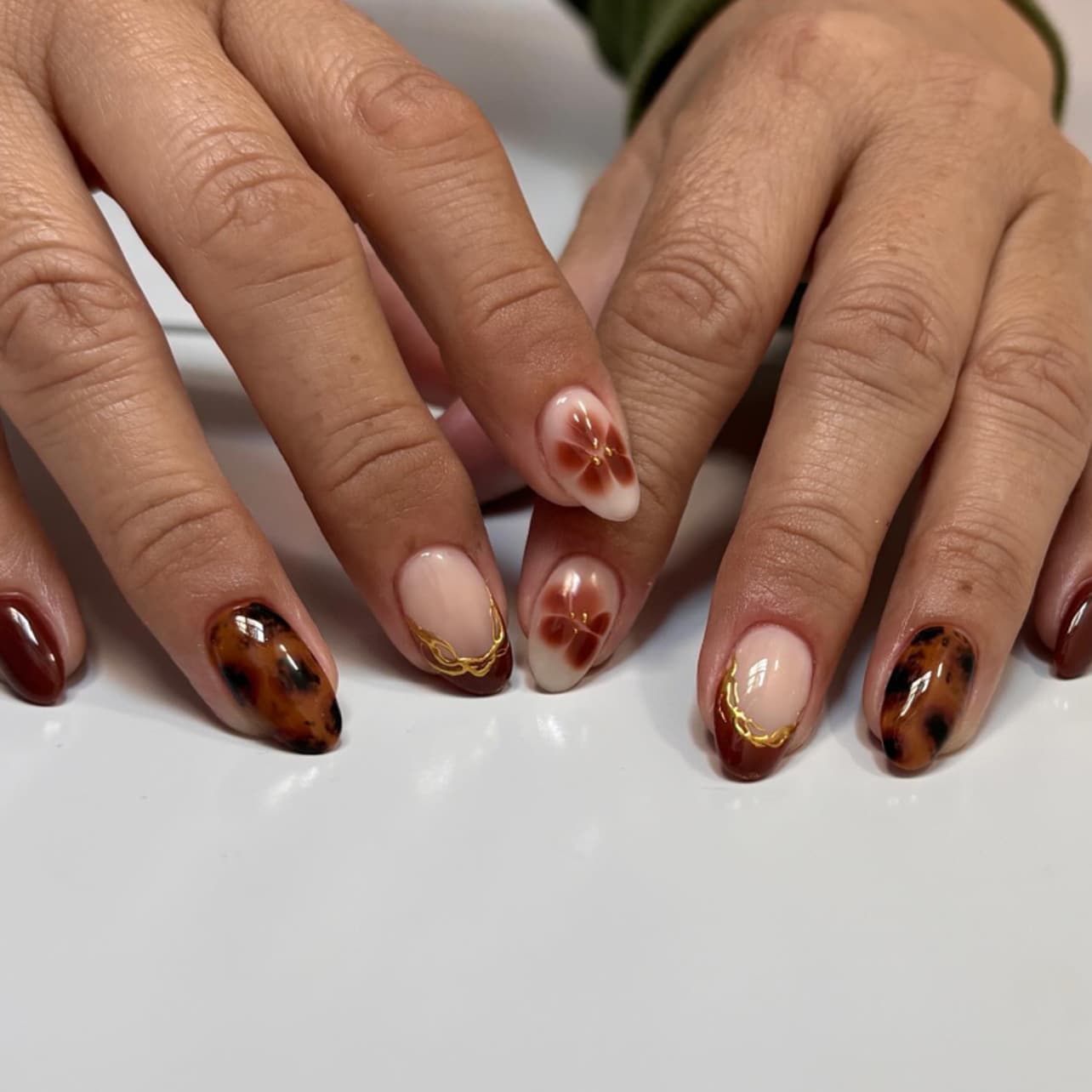 3D French Hot Stamping Leopard Floral Short Almond Press-On Nails Wholesale Cross-Border Fake Nails