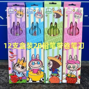 Stitch Labubu Sanrio Cartoon 2B Wooden Pencil with Eraser Break-Resistant Lead 12-Pack Boxed Labubu