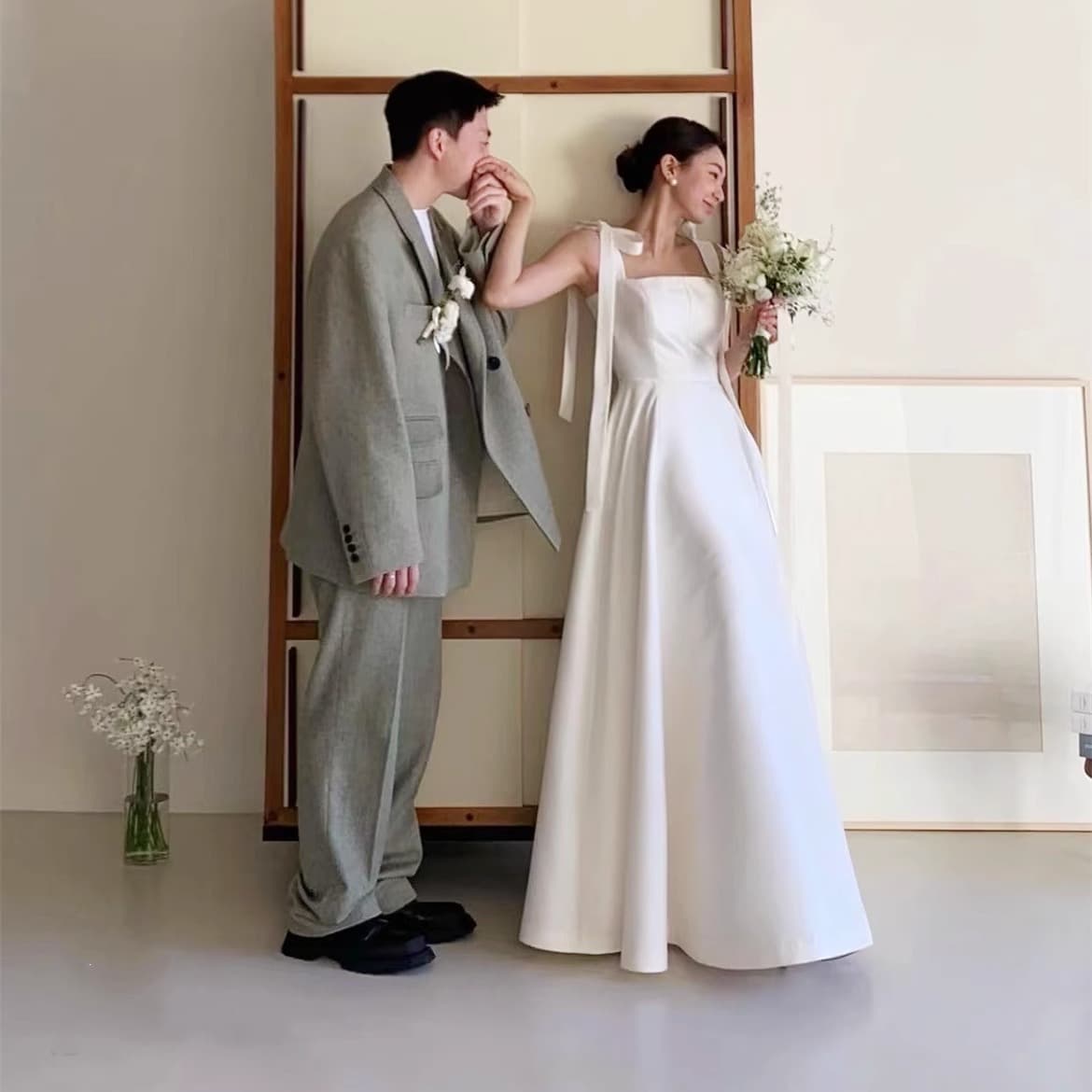 Korean-style Strapless Light Wedding Dress for Bride Civil Ceremony Registration White Dress Engagement Gown Simple Elegant A-line Long Dress