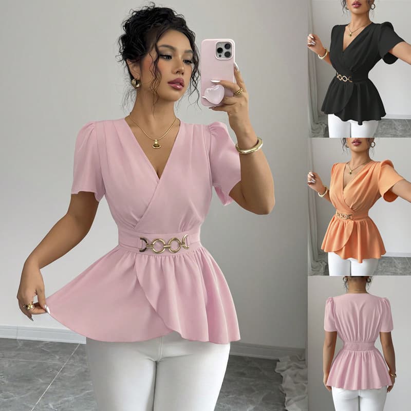2026 Cross-Border EU/US Amazon Fashion V-Neck Cross Waist Solid Color Short Sleeve Women's Crop Top