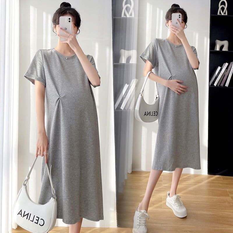 Maternity Short Sleeve Dress Summer Midi Length 2025 New Design Chic Mom Loose Fit Belly Covering Maternity Dress