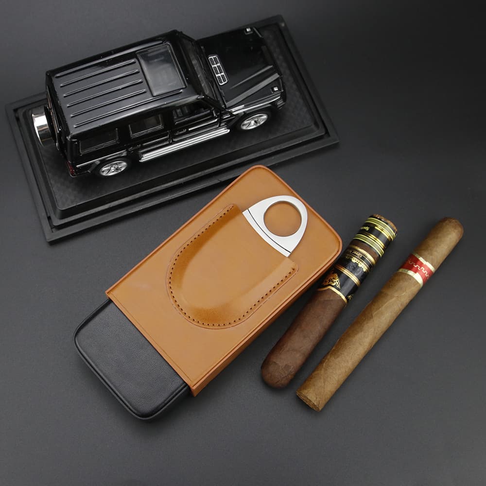 Factory direct sales of new cigar boxes, three-pack, two-tone lychee-patterned leather cigar case, portable travel humidifier storage box.