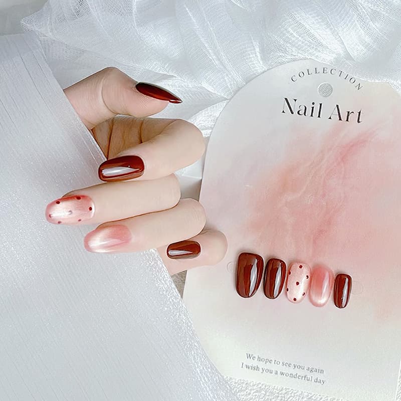Handmade Press-On Nails Autumn Winter Cat Eye Gradient High-End Blush Nail Art Brightening Detachable False Nail Tips Finished Product