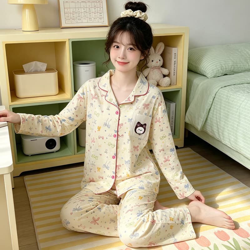 Pure Cotton High-Appeal Cartoon Pajama Set for Women Spring/Autumn Cardigan Long Sleeve Cotton Loungewear Sweet Girl Bowknot Set Wholesale