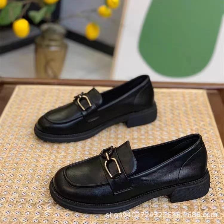 2024 Summer Women's Shoes, Spring/Autumn Flat Single Shoes, Soft Leather Black Loafers, British Style Slip-on Loafers