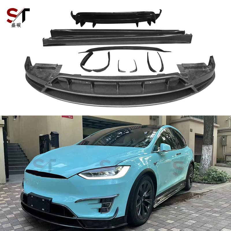 For Tesla Model X RZ Style Carbon Fiber Body Kit Front Lip Rear Lip Spoiler Side Skirt Air Knife Trim