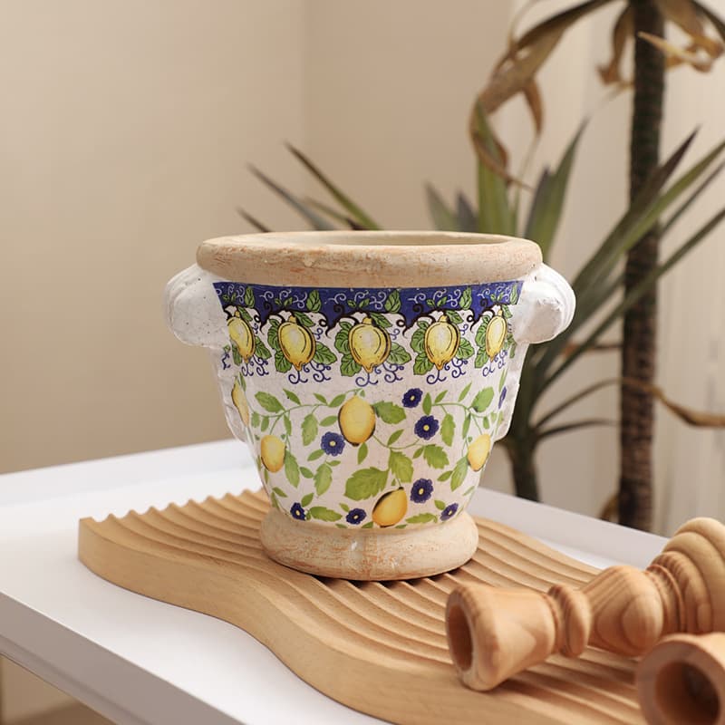 Hand-Painted Crackle Glaze Lemon Pattern Vase with Double Handles for Dried Flowers, Home Floral Arrangement, European-Style Vase