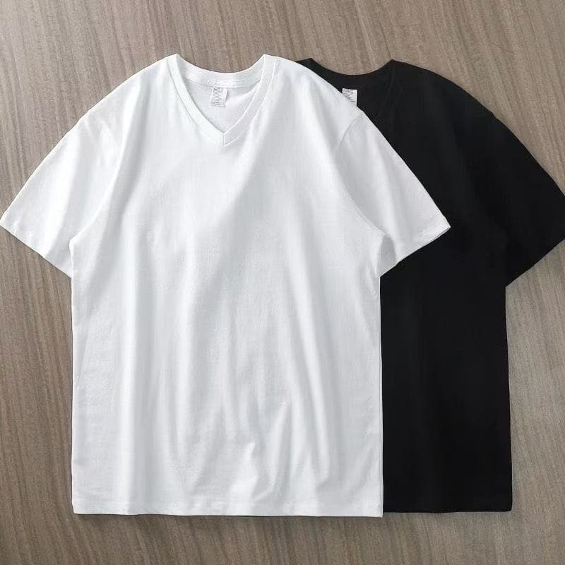 Summer Solid V-Neck Short Sleeve New Cotton Breathable Thin Trendy Simple Versatile Casual Base Top for Men
