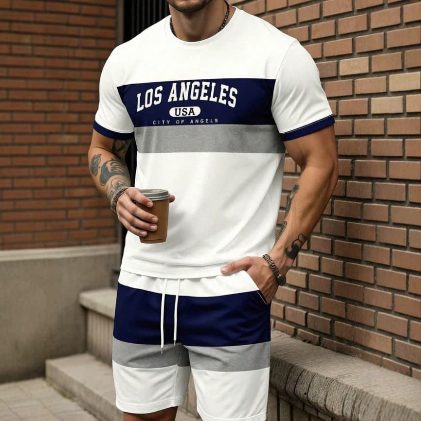 Cross-Border Summer New Men's Daily Casual Striped Contrast Color Short Sleeve T-Shirt and Shorts Two-Piece Sport Set