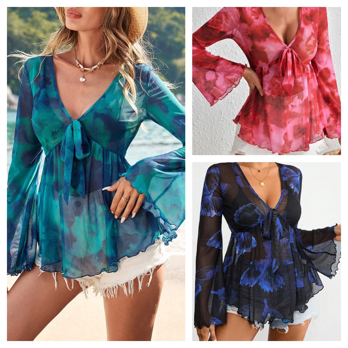 Real photo, in stock, foreign trade cross-border independent station AliExpress best-selling European and American V-neck mesh tie-dye holiday style women's top