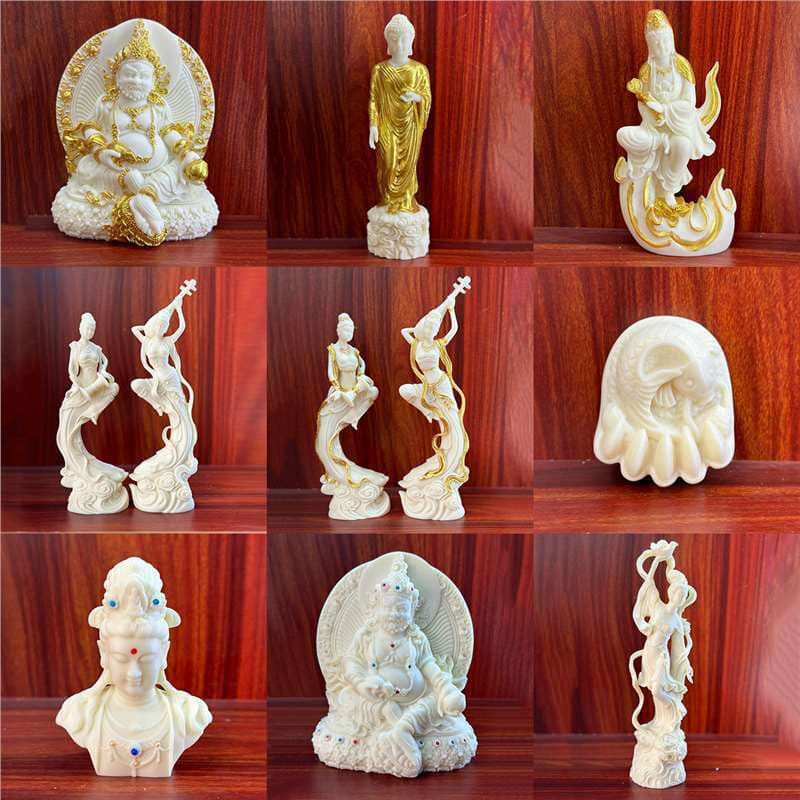 Ivory Nut Carved and Gold-Plated Yellow Wealth God, Amitabha, Dunhuang Flying Apsaras, Ladies, Fish and Bear Paw, Free-Spirited Guanyin Head