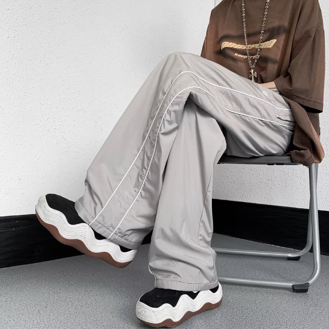 American Functional Cargo Pants Outdoor Waterproof Pants Men American High Street Vibe Ice Silk Wide Leg Pants Striped Casual Pants