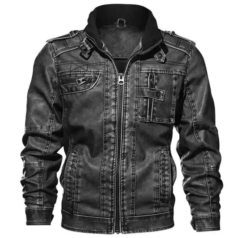 Amazon Autumn/Winter Men's Stand Collar Washed Leather Jacket Motorcycle Coat Big Size Vintage Washed Distressed