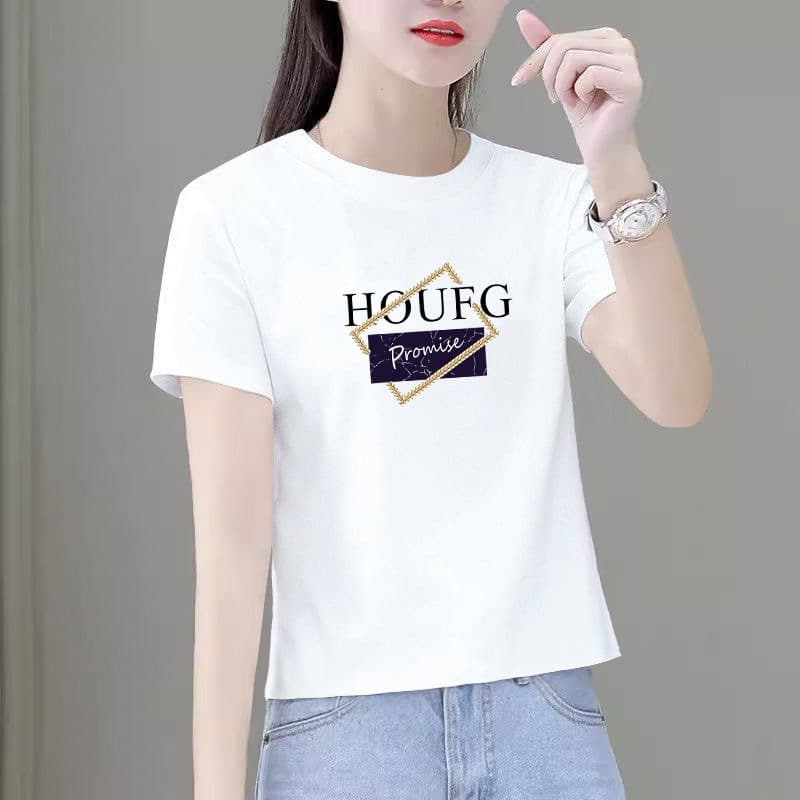 Small women's right-shoulder short-sleeved cotton black and white T-shirt covers the belly and looks slimming, versatile and stylish top