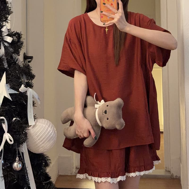 Summer Solid Cotton Linen Pajamas for Women Short Sleeve Shorts Sweet Simple Wear-Out Loose Homewear Two-Piece Set