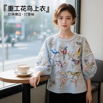 European heavy industry printed beaded short-sleeved T-shirt for women new round neck loose fashion versatile top fashionable trend T-shirt